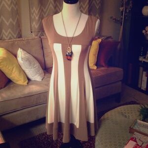 Taupe and Cream Striped Fit-and-Flare Dress